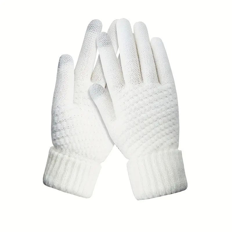 Manusi Dama de Iarna, Functie Touchscreen pentru Ecran Tactil, Interior Catifelat si Calduros, Material Acril Tricotat, Manseta Elastica, Marime Universala, Alb