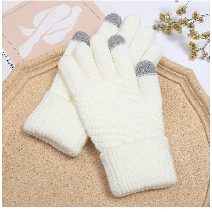 Manusi Dama de Iarna, Functie Touchscreen pentru Ecran Tactil, Interior Catifelat si Calduros, Material Acril Tricotat, Manseta Elastica, Marime Universala, Alb