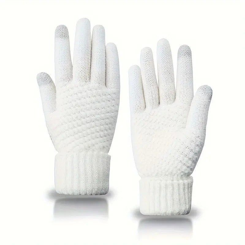 Manusi Dama de Iarna, Functie Touchscreen pentru Ecran Tactil, Interior Catifelat si Calduros, Material Acril Tricotat, Manseta Elastica, Marime Universala, Alb