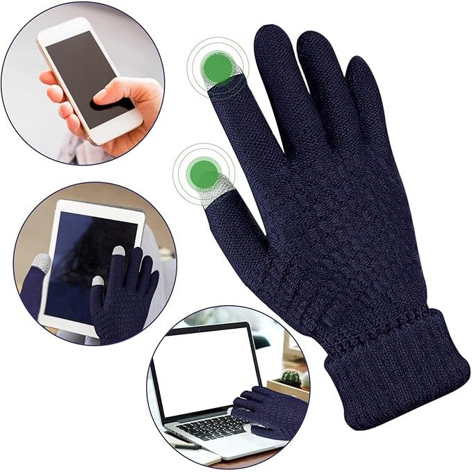 Manusi de Dama cu Functie Touchscreen, Interior Catifelat si Anti-Alunecare, Acril Tricotat Dublu Ingrosat, Manseta Elastica, Marime Universala, Albastru Marin