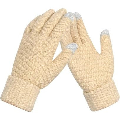 Manusi Dama de Iarna, Functie Touchscreen pentru Ecran Tactil, Interior Catifelat si Calduros, Acril Tricotat, Marime Universala, Bej