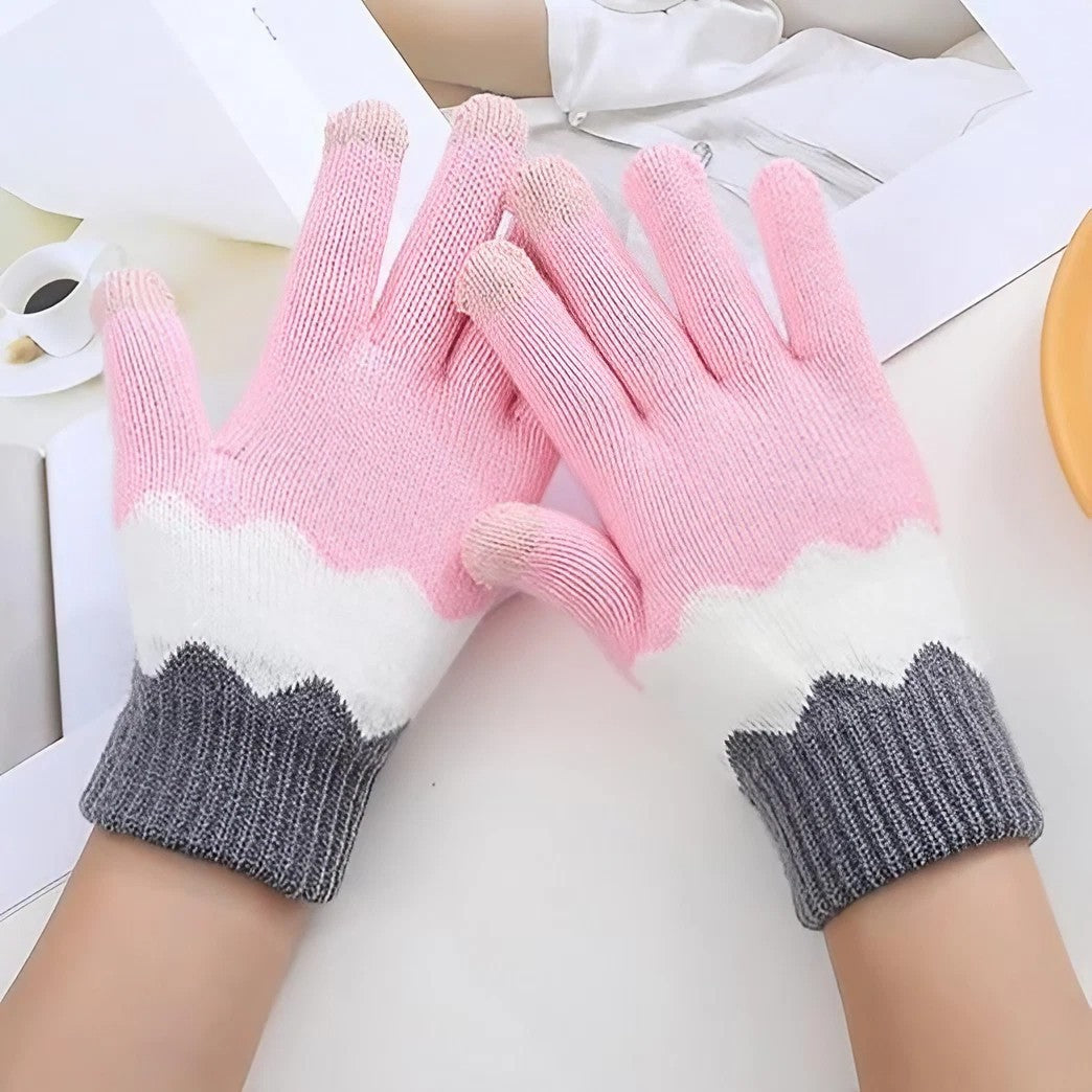 Manusi Dama Iarna cu Functie Touchscreen, Model Ondulat Anti-Alunecare, Interior Catifelat Dublu Ingrosat, Acril Tricotat, Marime Universala, Roz/Gri