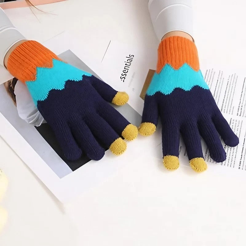 Manusi Dama cu Functie Touchscreen, Model Ondulat Tricotat, Interior Catifelat si Calduros, Manseta Elastica, Acril, Marime Universala, Portocaliu/Albastru
