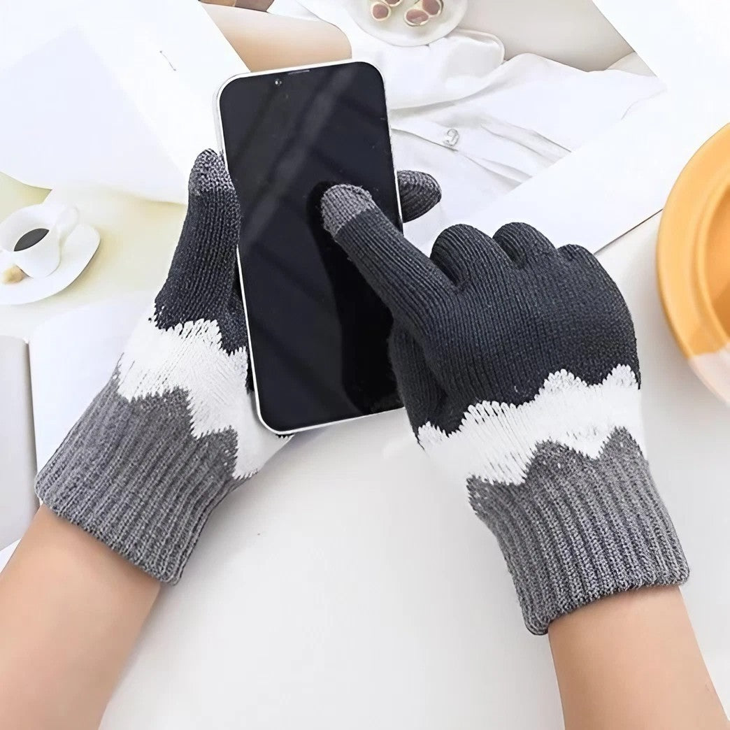 Manusi Dama cu Functie Touchscreen, Model Tricotat Ondulat, Acril Dublu Ingrosat si Interior Catifelat, Manseta Elastica, Marime Universala, Gri/Alb