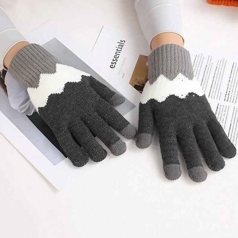 Manusi Dama cu Functie Touchscreen, Model Tricotat Ondulat, Acril Dublu Ingrosat si Interior Catifelat, Manseta Elastica, Marime Universala, Gri/Alb