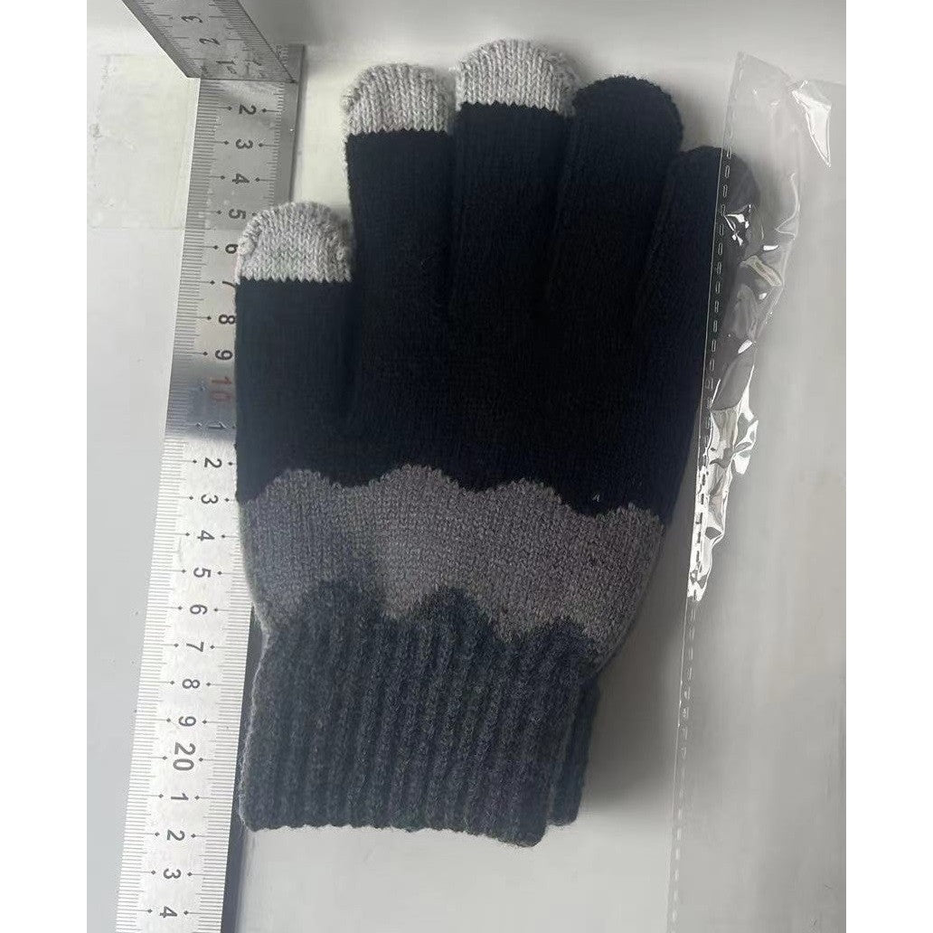 Manusi Dama cu Functie Touchscreen, Model Ondulat Tricotat, Interior Catifelat si Manseta Elastica, Acrilic, Marime Universala, Negru/Gri