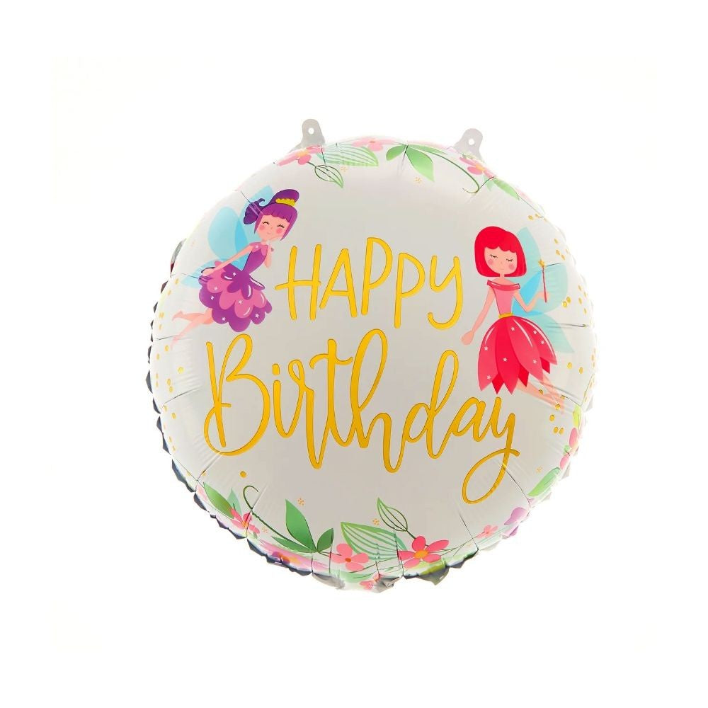 Balon Aniversar Happy Birthday Cu Zane, Model Rotund, Folie Metalizata De Aluminiu, Umflare Aer Sau Heliu, Include Pai, 45 cm, Multicolor