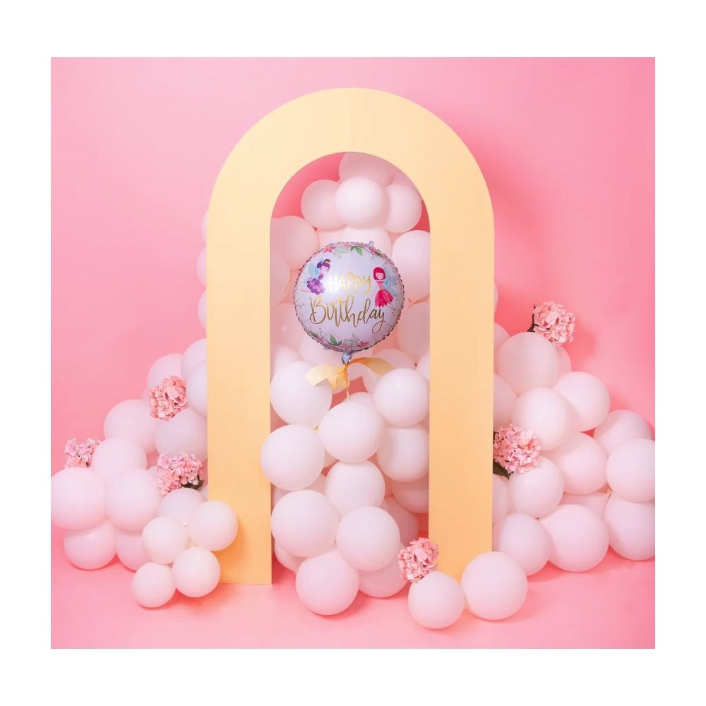 Balon Aniversar Happy Birthday Cu Zane, Model Rotund, Folie Metalizata De Aluminiu, Umflare Aer Sau Heliu, Include Pai, 45 cm, Multicolor