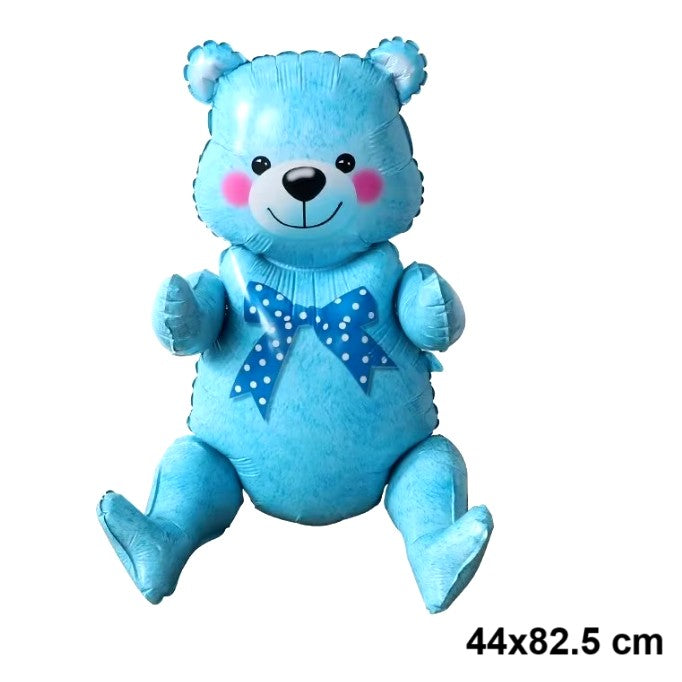 Balon din Folie Metalizata, Figurina Ursulet Asezat, Decoratiune Tematica Aniversare, Umflare Aer sau Heliu, include Pai, 44x82.5 cm, Albastru
