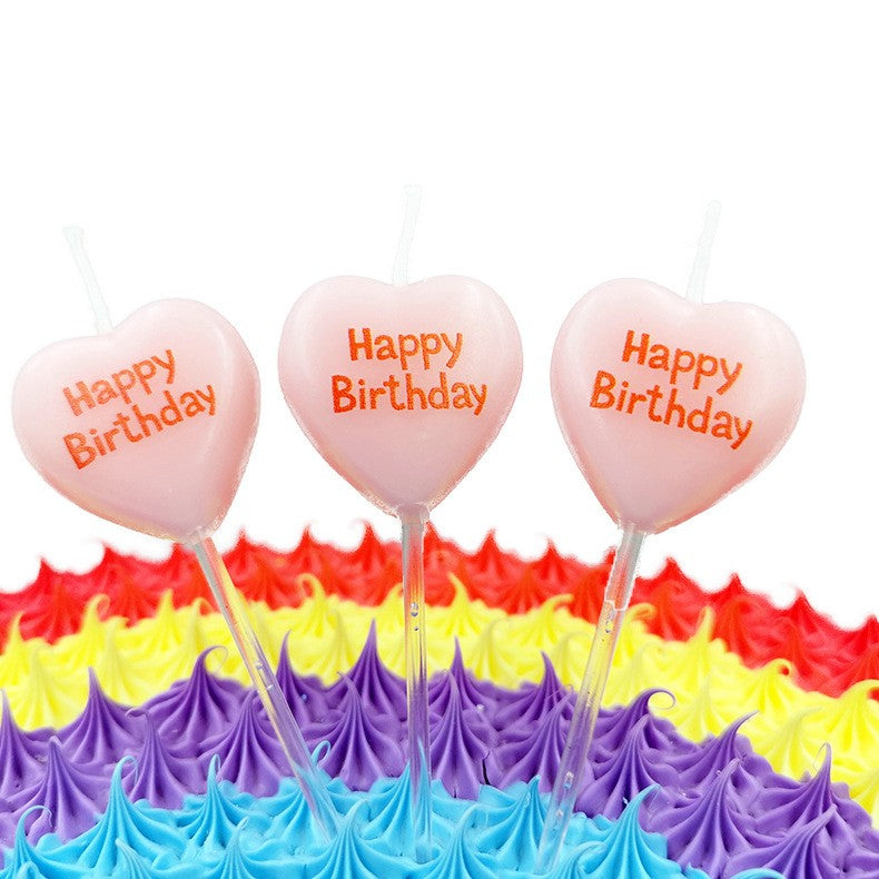 Set 5 Lumanari de Tort, Model Inima cu Text Happy Birthday, Parafina, Multicolor, 2.5 x 2.5 cm