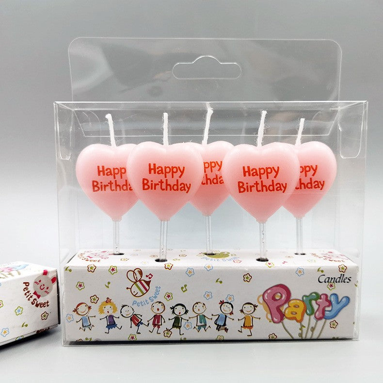 Set 5 Lumanari de Tort, Model Inima cu Text Happy Birthday, Parafina, Multicolor, 2.5 x 2.5 cm