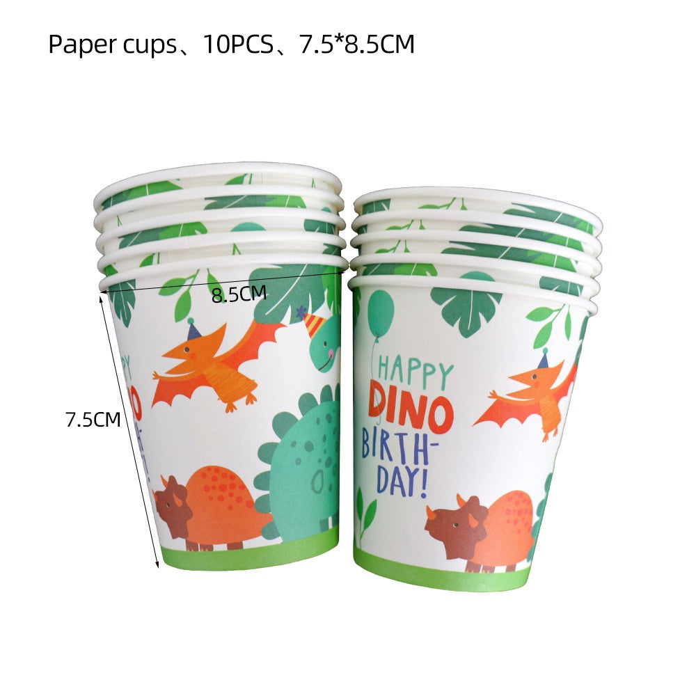 Set 10 Pahare de Carton Happy Birthday, Model Dinozauri, Tematica Petrecere Aniversara Copii, Biodegradabile, 200 ml, Multicolor, 7.5x8.5 cm