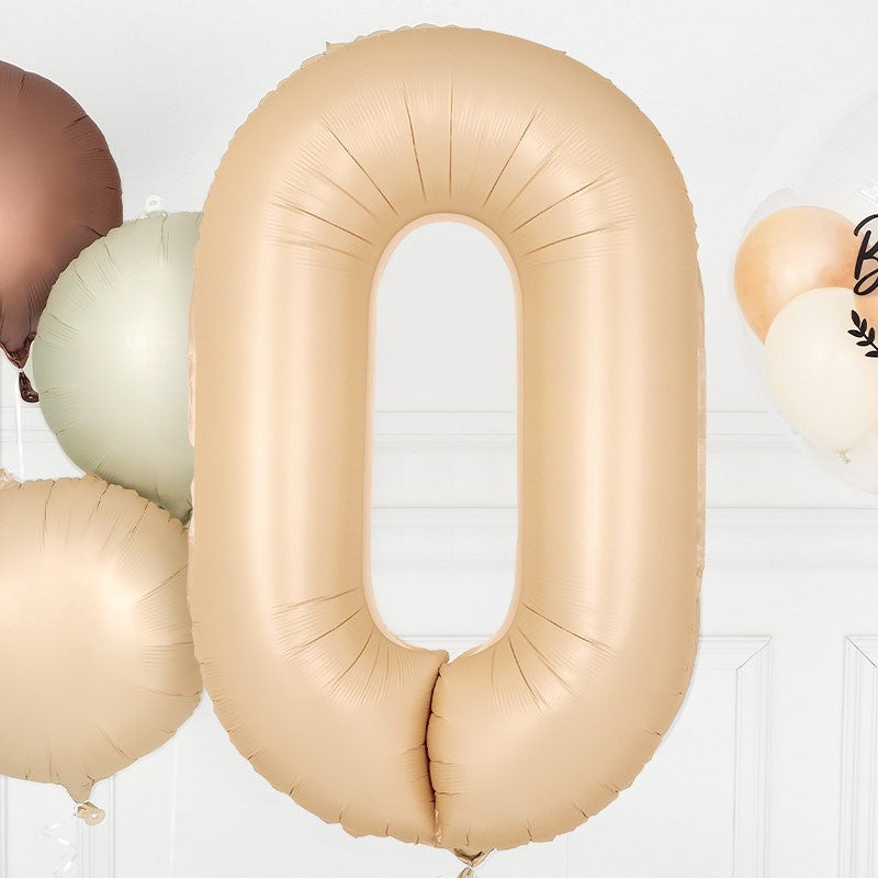 Balon Aniversar Cifra 0, Folie Metalizata, Umflare Aer sau Heliu, Include Pai, 100 cm, Crem