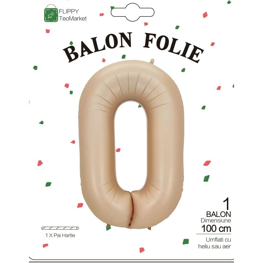 Balon Aniversar Cifra 0, Folie Metalizata, Umflare Aer sau Heliu, Include Pai, 100 cm, Crem