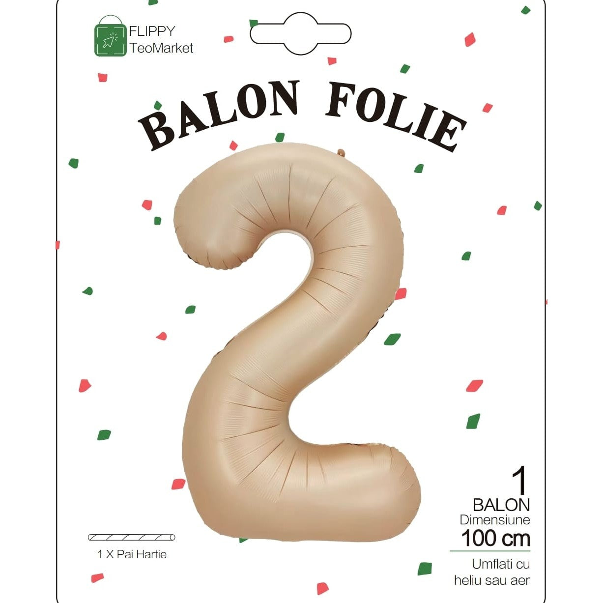 Balon Aniversar Cifra 2, Figurina Gigant din Folie Metalizata, Umflare Aer sau Heliu, Include Pai, 100 cm, Crem