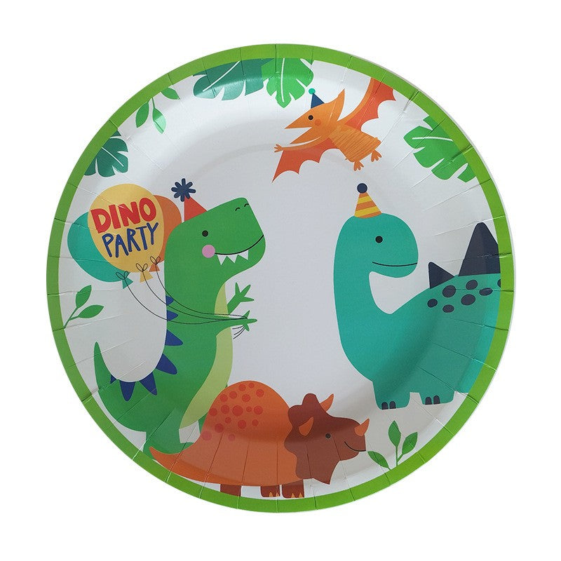 Set 10 Farfurii Carton Happy Birthday, Farfurii Decorative Petrecere Copii, Tematica Dino Party, Model Dinozauri Multicolor, 23 cm