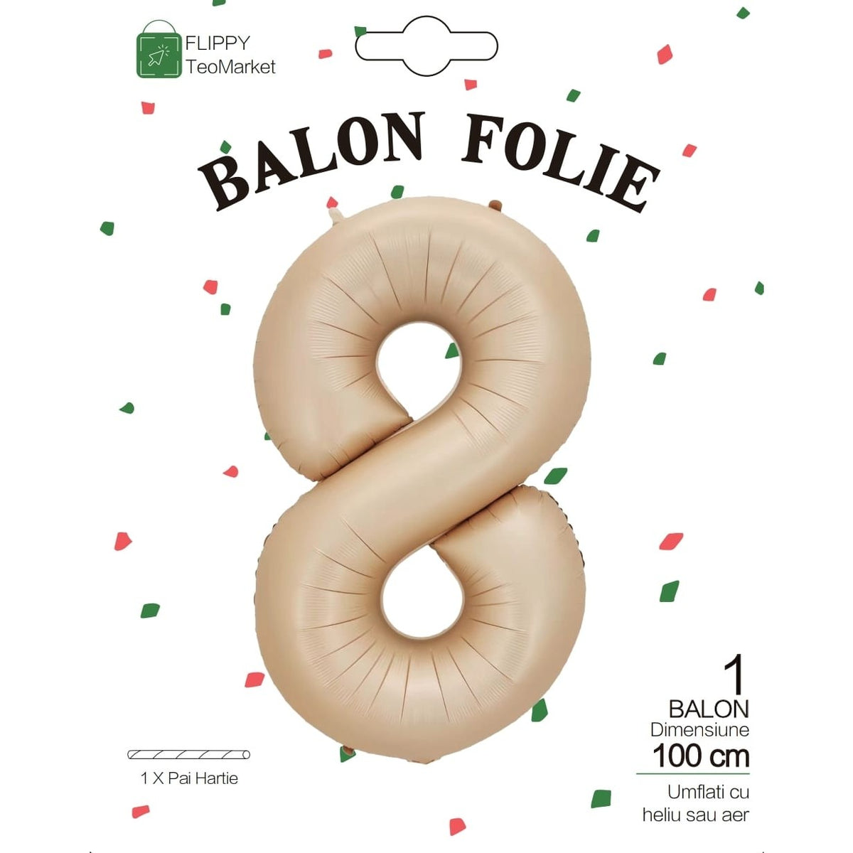 Balon Figurina Cifra 8 din Folie Metalizata, Model Gigant Aniversar, Umflare Aer sau Heliu, Pai Inclus, 100 cm, Crem
