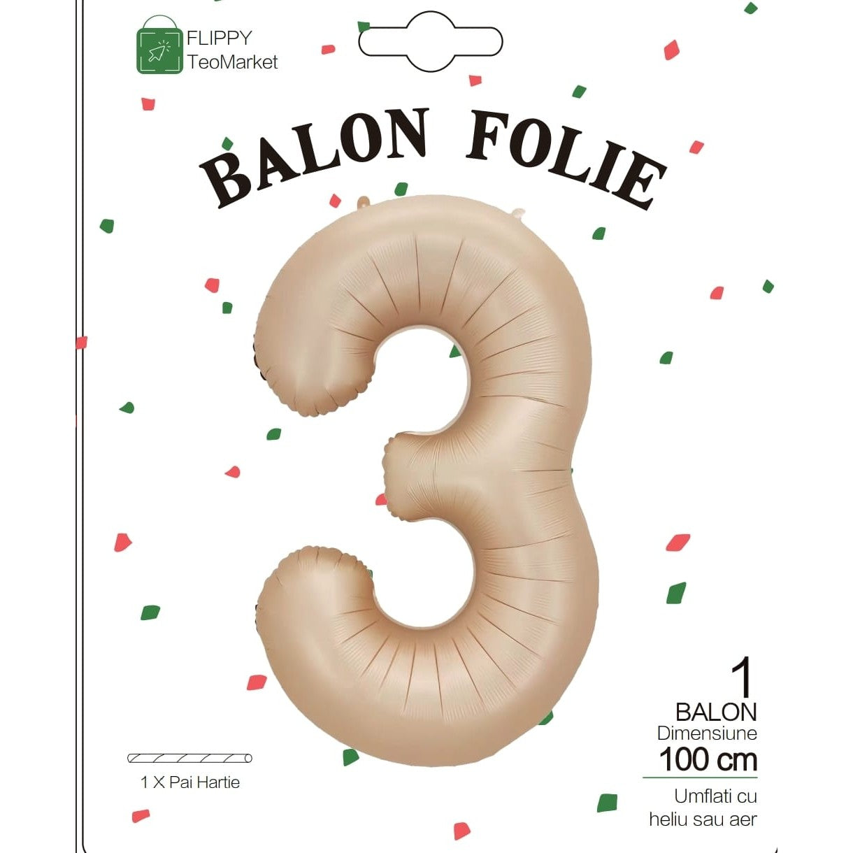 Balon Cifra 3 pentru Aniversare, Figurina din Folie Metalizata, Umflare Aer sau Heliu, Include Pai, 100 cm, Crem