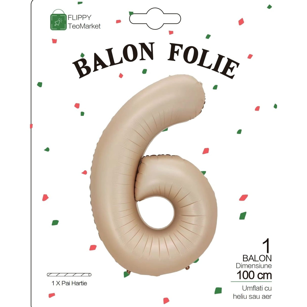 Balon Aniversar Cifra 6, Figurina Gigant pentru Petrecere, Umflare Aer sau Heliu, Folie Metalizata, 100 cm, Crem