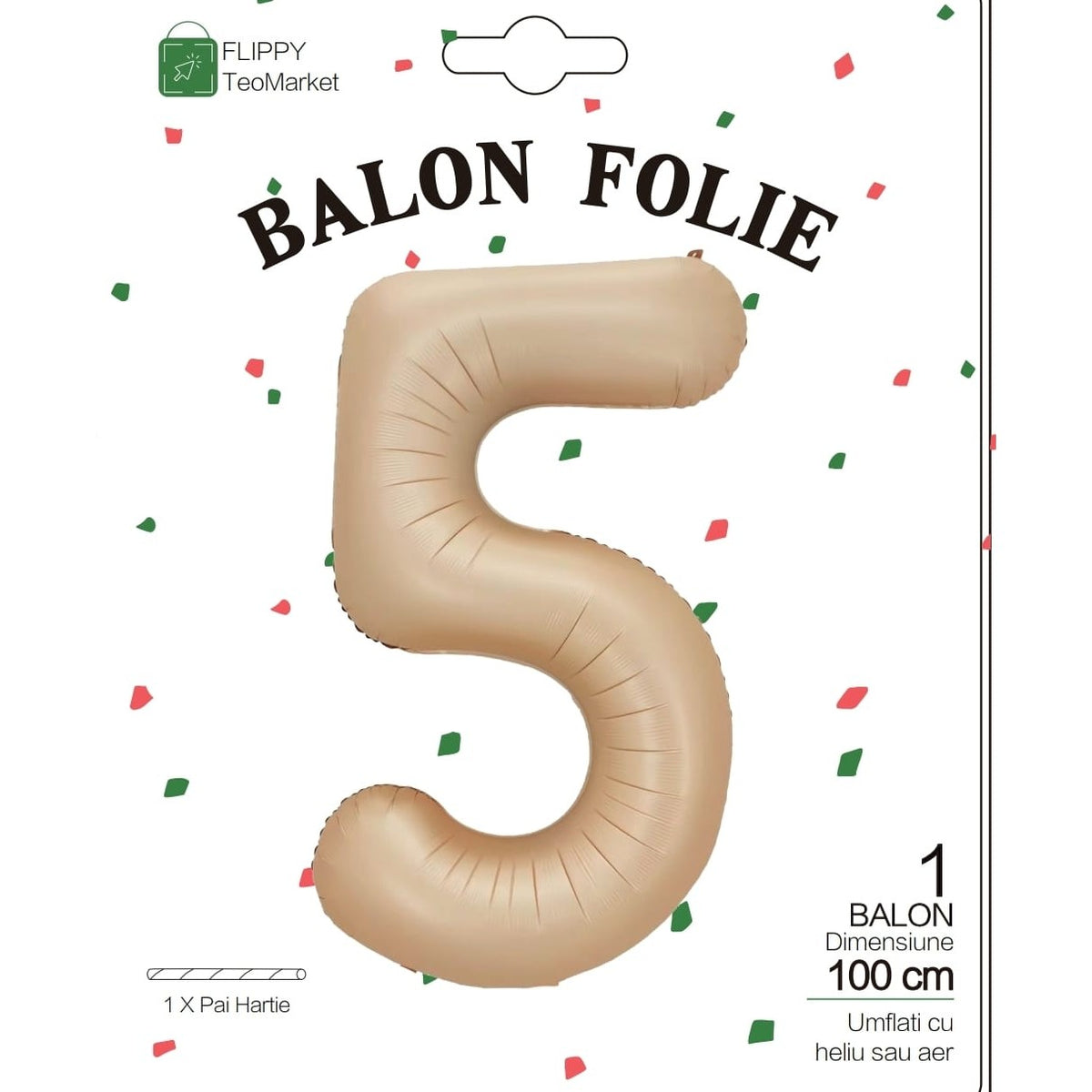 Balon Figurina Cifra 5, Balon Aniversar din Folie Metalizata, Umflare Aer sau Heliu, Inaltime 100 cm, Pai Inclus, Crem