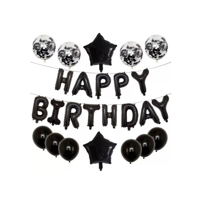 Set 25 Baloane Aniversare Happy Birthday, Kit Decor Petrecere cu Litere, Stele si Confetti, Folie Aluminiu si Latex, Umflare Aer sau Heliu, 40 cm, Negru