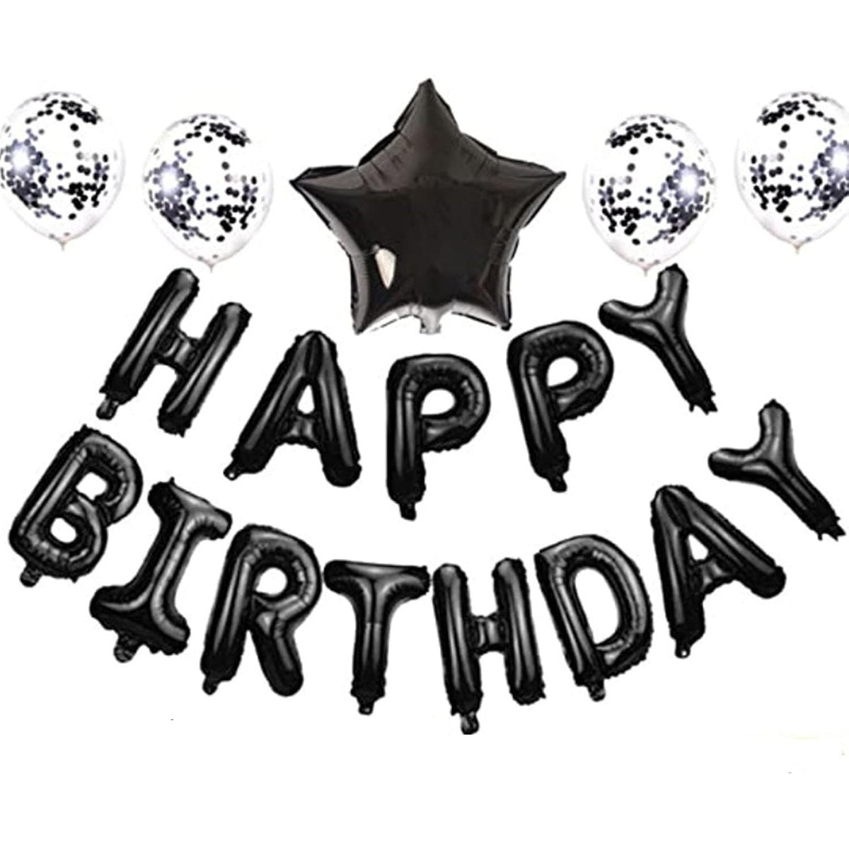 Set 25 Baloane Aniversare Happy Birthday, Kit Decor Petrecere cu Litere, Stele si Confetti, Folie Aluminiu si Latex, Umflare Aer sau Heliu, 40 cm, Negru