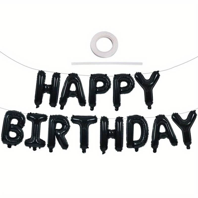 Set 25 Baloane Aniversare Happy Birthday, Kit Decor Petrecere cu Litere, Stele si Confetti, Folie Aluminiu si Latex, Umflare Aer sau Heliu, 40 cm, Negru