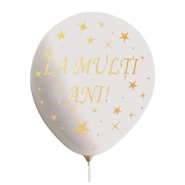 Set 10 Baloane Latex Aniversare, Imprimeu Mesaj La Multi Ani, Model Party, Diametru 23 cm, Greutate 2.2 g, Alb, Set cu Pai Inclus