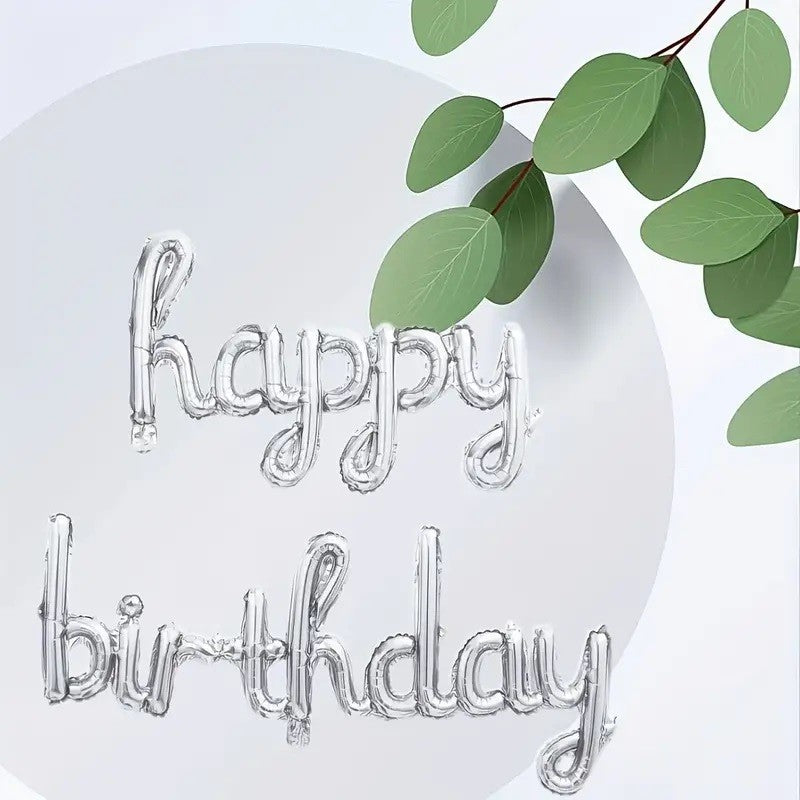 Set 13 Baloane Happy Birthday din Folie Metalizata, Litere Cursive Scris de Mana, Figurina Decorativa Aniversare, 40 cm, Argintiu