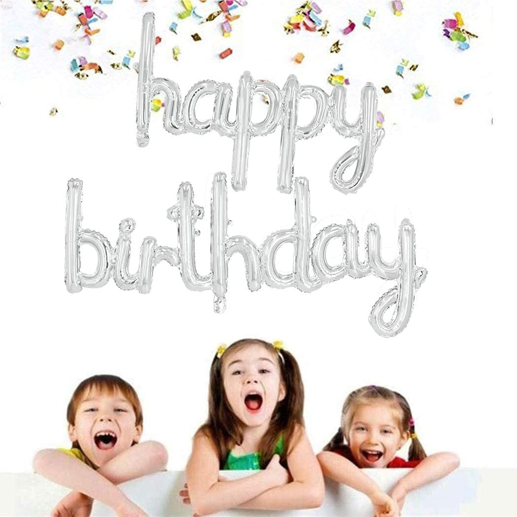 Set 13 Baloane Happy Birthday din Folie Metalizata, Litere Cursive Scris de Mana, Figurina Decorativa Aniversare, 40 cm, Argintiu