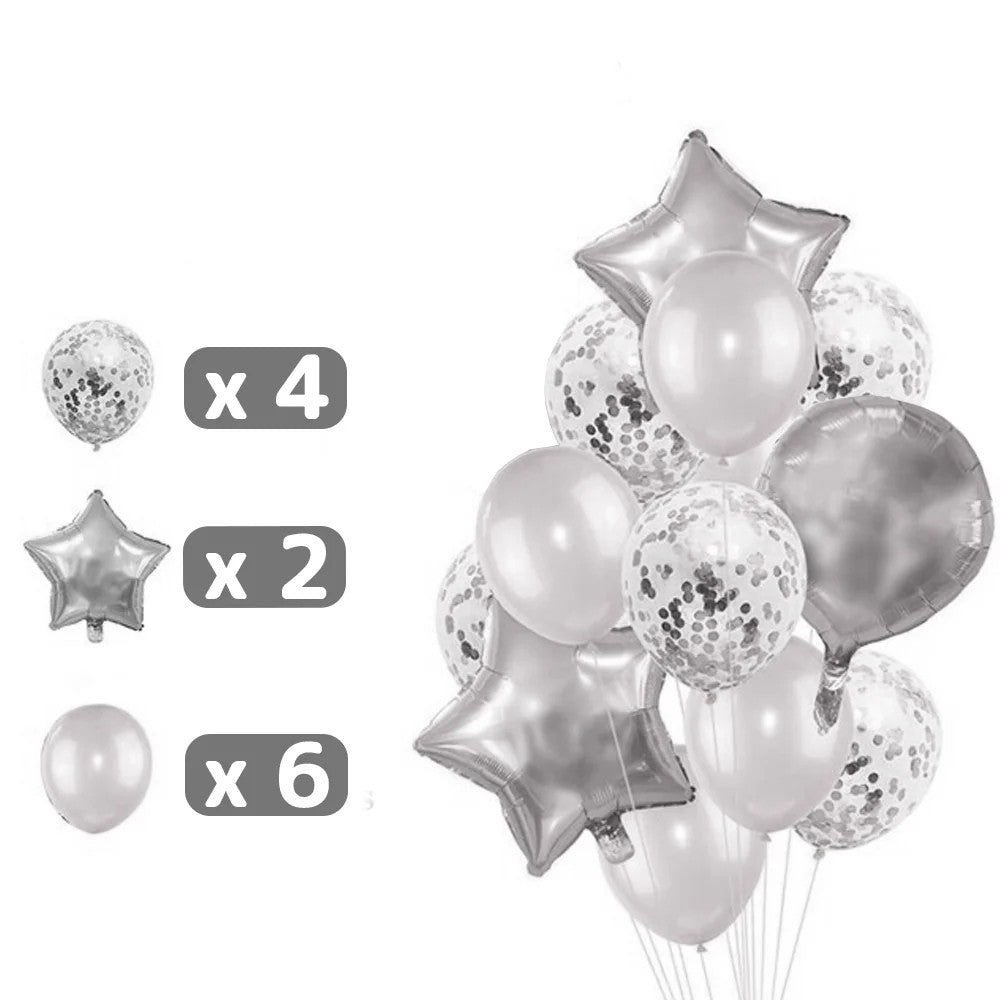 Set 25 Baloane Aniversare Happy Birthday, Kit Decor Petrecere cu Folie Metalizata si Latex, 13 Litere, 2 Stele, 4 Baloane Confetti, Umflare Aer sau Heliu, 40 cm, Argintiu