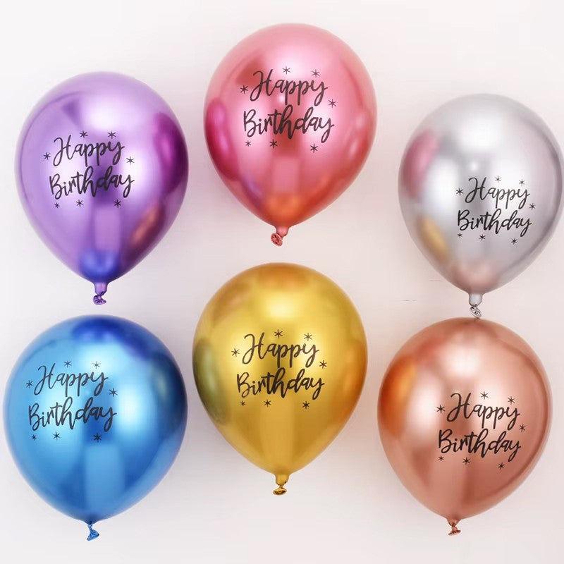 Set 10 Baloane din Latex Metalizat Chrome, Model Happy Birthday, Imprimeu Aniversar, Set Multicolor, 23 cm