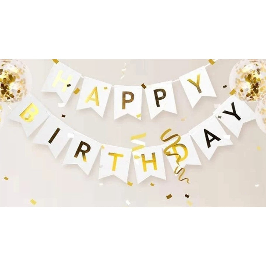 Banner Happy Birthday, Ghirlanda Aniversara pentru Decor Petrecere, Material Rezistent, Stegulet 11.5x16.5 cm, Rola Ata Inclusa, Alb, 100x200 cm