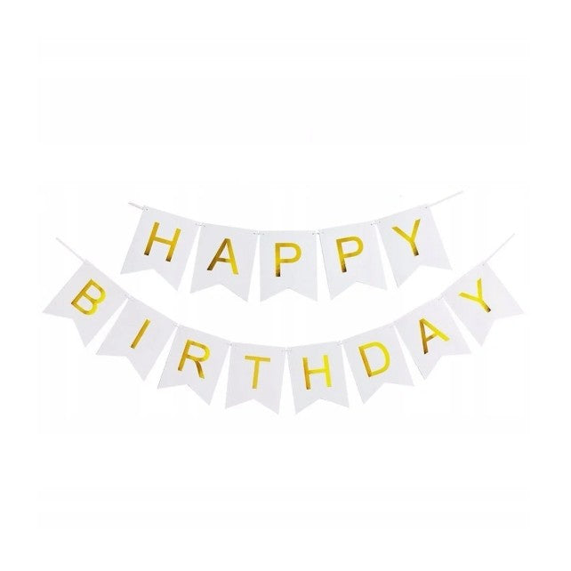 Banner Happy Birthday, Ghirlanda Aniversara pentru Decor Petrecere, Material Rezistent, Stegulet 11.5x16.5 cm, Rola Ata Inclusa, Alb, 100x200 cm