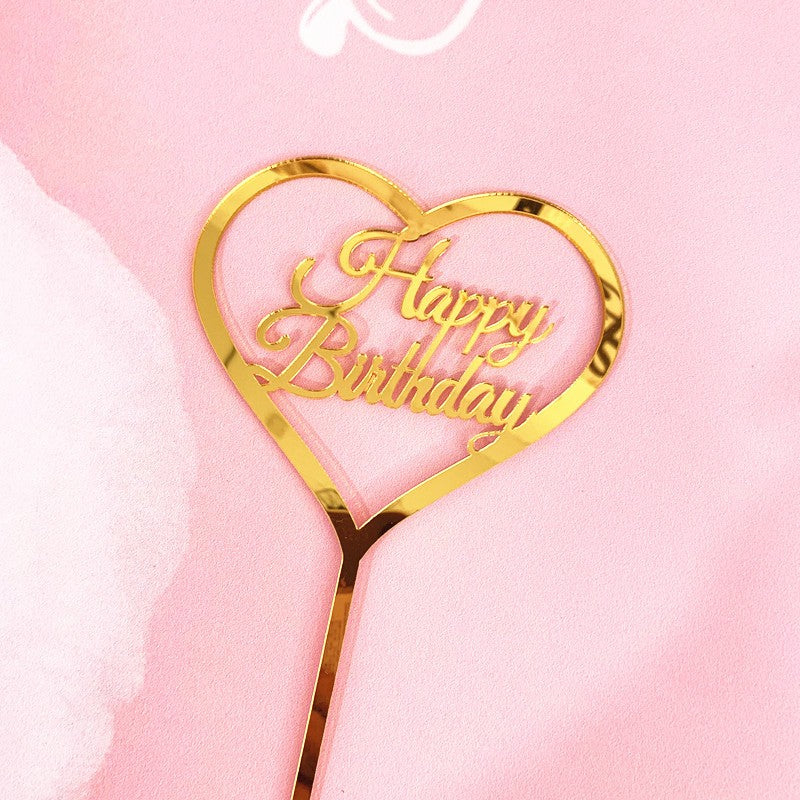 Topper Tort Happy Birthday, Decoratiune Aniversara Model Inima, Accesoriu Petrecere Elegant, Plastic Rezistent, Auriu