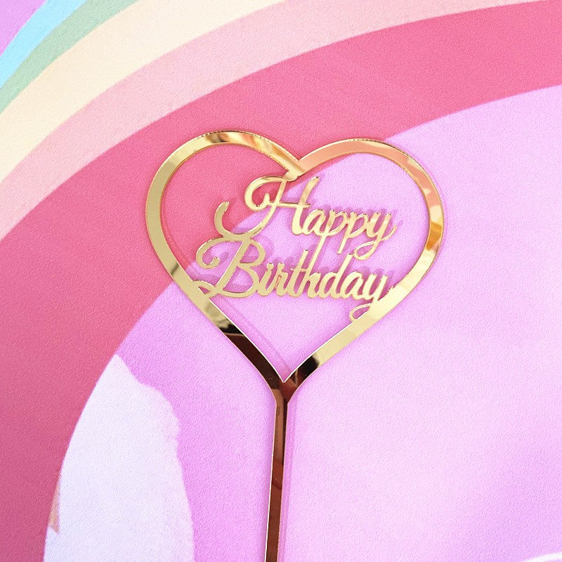 Topper Tort Happy Birthday, Decoratiune Aniversara Model Inima, Accesoriu Petrecere Elegant, Plastic Rezistent, Auriu