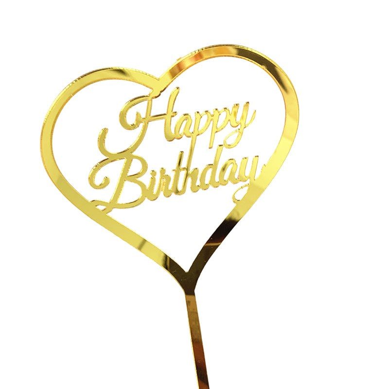 Topper Tort Happy Birthday, Decoratiune Aniversara Model Inima, Accesoriu Petrecere Elegant, Plastic Rezistent, Auriu