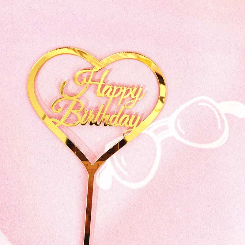 Topper Tort Happy Birthday, Decoratiune Aniversara Model Inima, Accesoriu Petrecere Elegant, Plastic Rezistent, Auriu