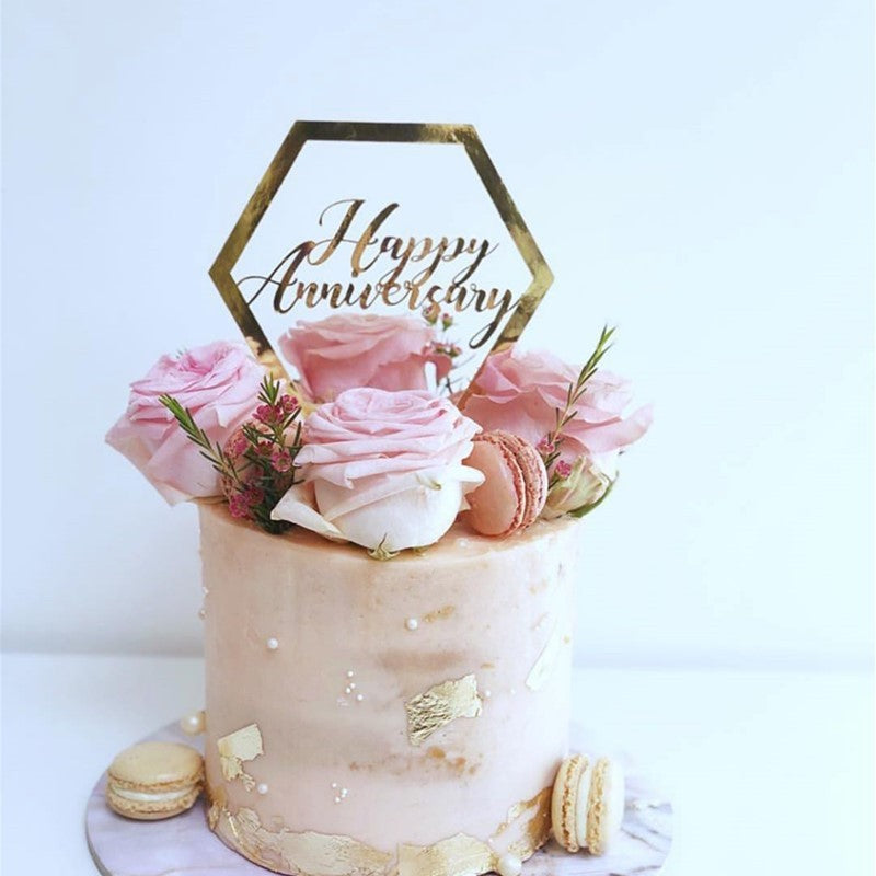 Topper Tort Happy Birthday, Decoratiune Aniversara Model Hexagon, Accesoriu Party din Plastic Durabil, Auriu