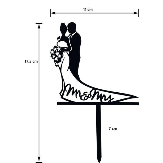 Topper Tort Nunta, Model Mr & Mrs, Decoratiune Eleganta Evenimente, Plastic Rezistent, 17.5 x 11 cm, Negru