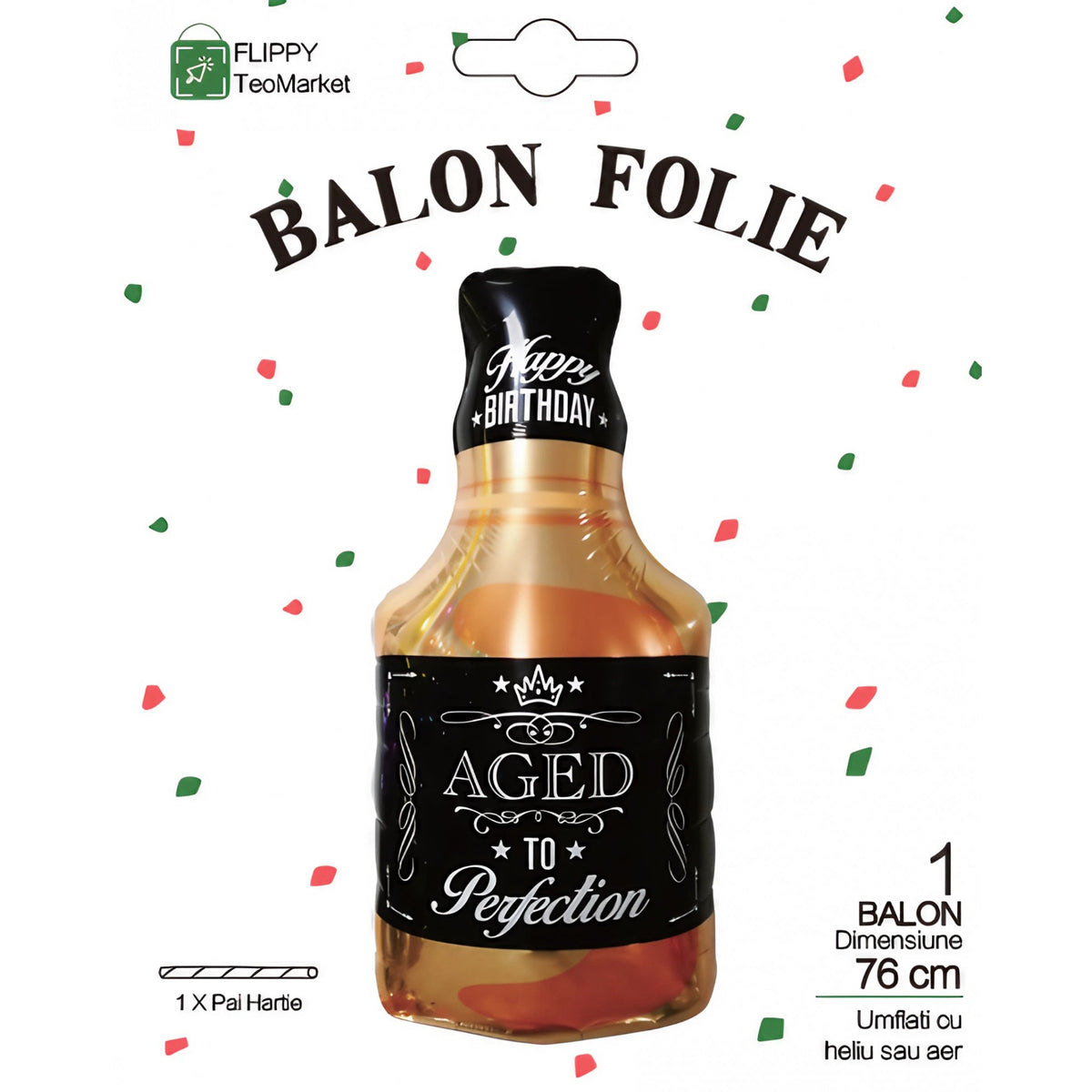 Balon din Folie Metalizata, Figurina Sticla de Whisky, Decor Petrecere Aniversare, Umflare Aer sau Heliu, Pai Inclus, 90x45 cm, Maro