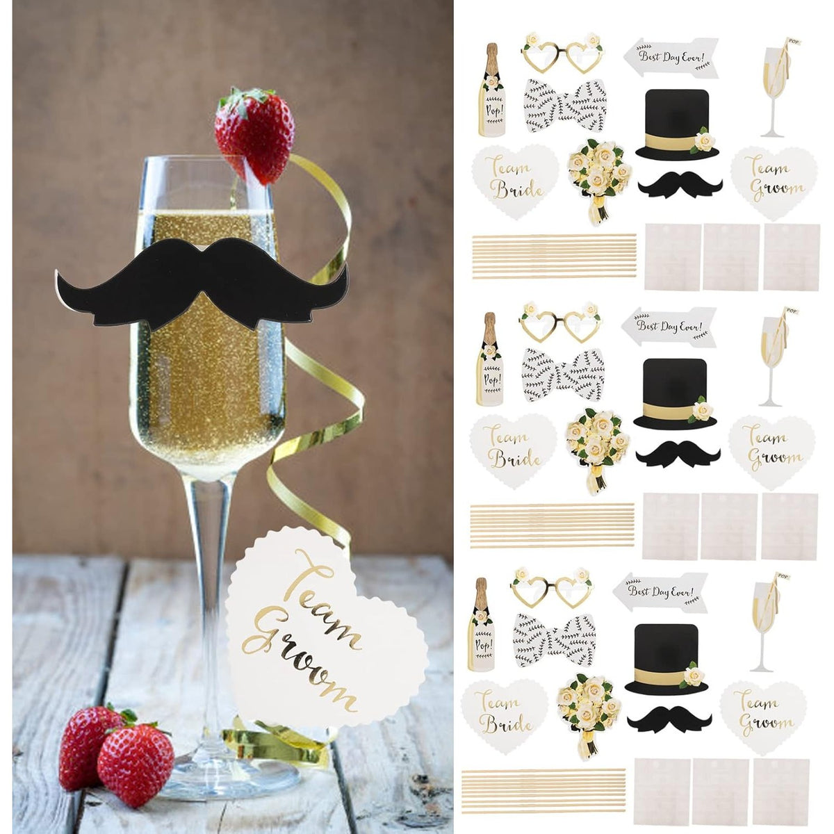 Set 10 Accesorii Foto Props Nunta, Sabloane Tematice pentru Photo Booth, Model Mire si Mireasa, Carton si Lemn, Multicolor, 10 Bucati