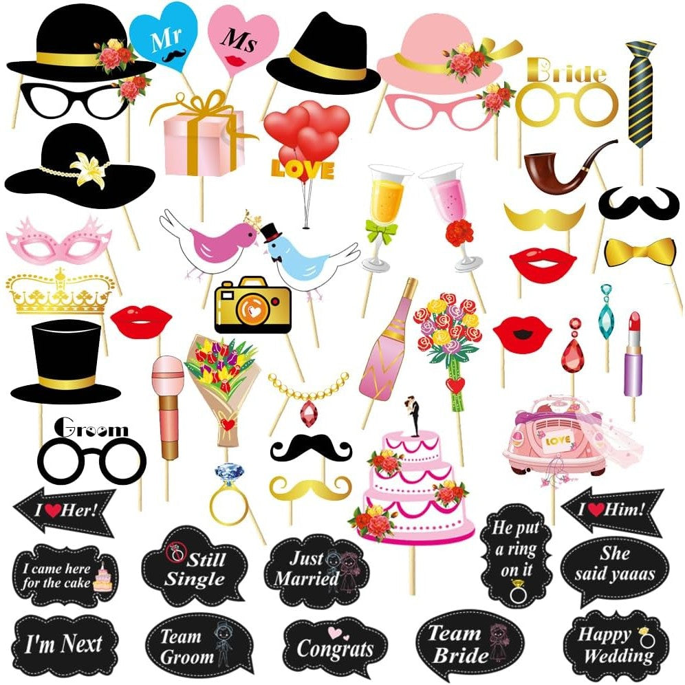 Set 60 Accesorii Petrecere Tip Props, Kit Photo Booth pentru Nunta si Evenimente, Carton si Lemn, Modele Ochelari, Mustata si Palarii, Multicolor