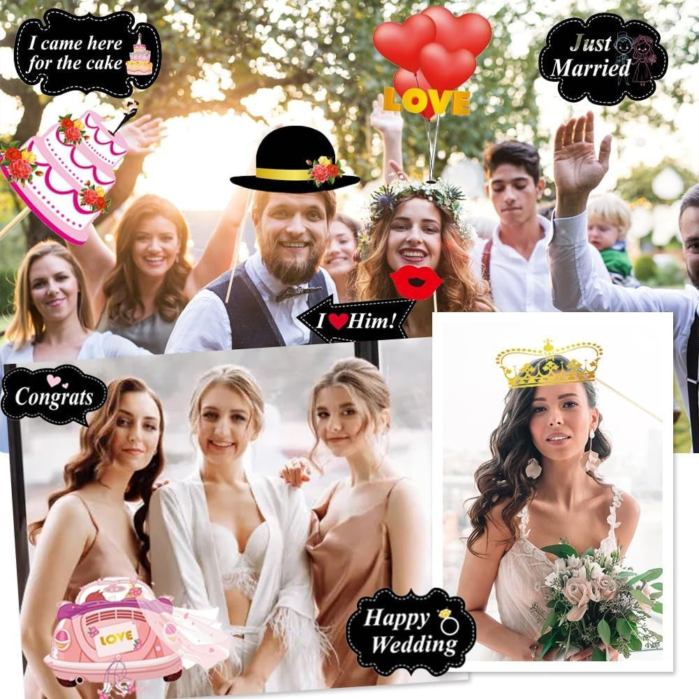 Set 60 Accesorii Petrecere Tip Props, Kit Photo Booth pentru Nunta si Evenimente, Carton si Lemn, Modele Ochelari, Mustata si Palarii, Multicolor