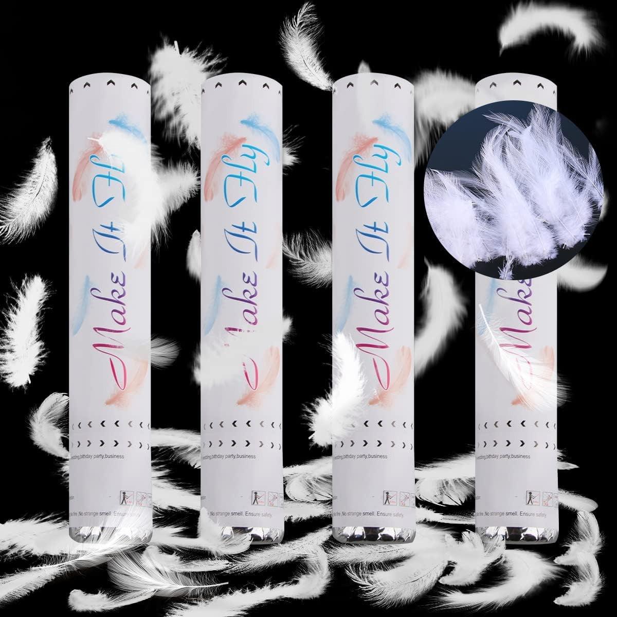 Make It Fly, Tub Confetti Cu Pene, Tun Lansator Efect Spectaculos Nunta Si Petreceri, Carton, 27 cm, Alb