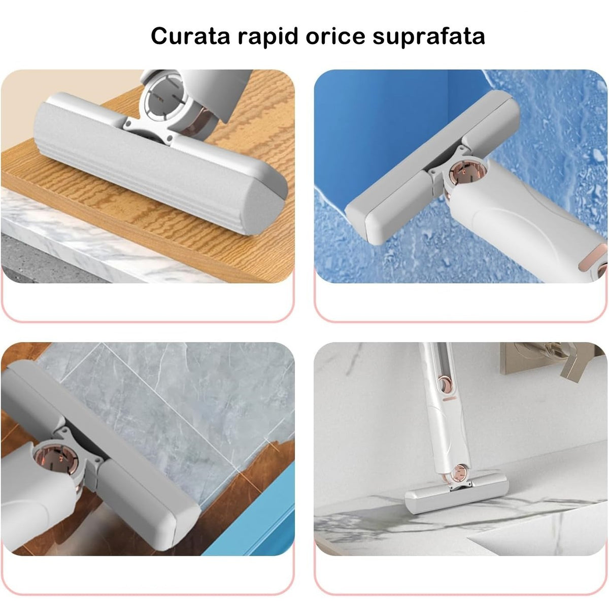 Mini Mop Portabil Cu Autostoarcere, Dispozitiv Manual De Curatare Geamuri Si Bucatarie, Burete PVA Super Absorbant, 29.5 x 15.5 cm, 3 Rezerve Incluse, Alb