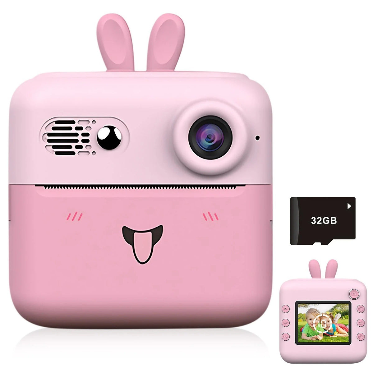 Camera Instantanee pentru Copii cu Imprimare Termica, Foto 24MP si Video 1080P, Bluetooth, Control APP, Model Iepure, ABS, Ecran 2.4 Inch, Roz