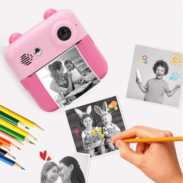 Camera Foto Instantanee pentru Copii, Functie Imprimare Termica, Bluetooth App, Video 720p, Dual Lens 24MP, Ecran 2.4 Inch HD, Design Iepuras cu Urechi, ABS, Roz