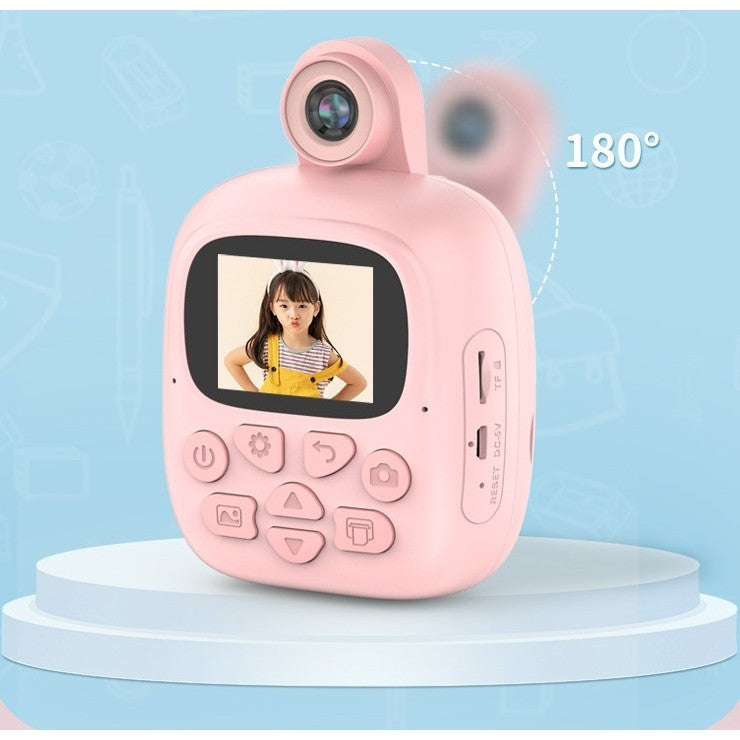Aparat Foto Instant pentru Copii, Camera Duala Selfie 24MP, Video 1080p, Imprimare Termica, Bluetooth, Control Aplicatie, Model Bunny, Roz