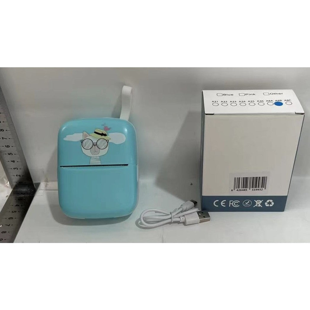 Mini Imprimanta Foto Portabila, Conectare Bluetooth, Tehnologie Termica Fara Cerneala, Design Pisica, Rezolutie 200 DPI, Incarcare USB, Baterie 1000 mAh, Include 10 Role Hartie si Markere, Albastru